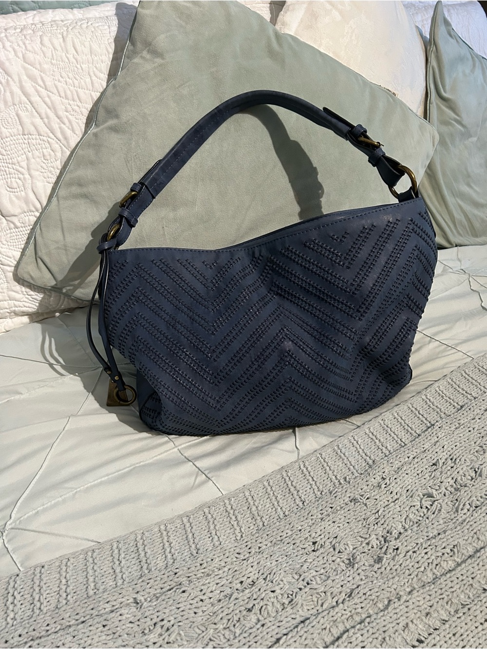 Black Rivet Navy Perforated Chevron Shoulder Bag